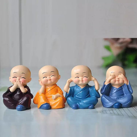 Set of 4 Cute Mini Buddha Monk Idols -Decor Items For Home ,Car and Table Top