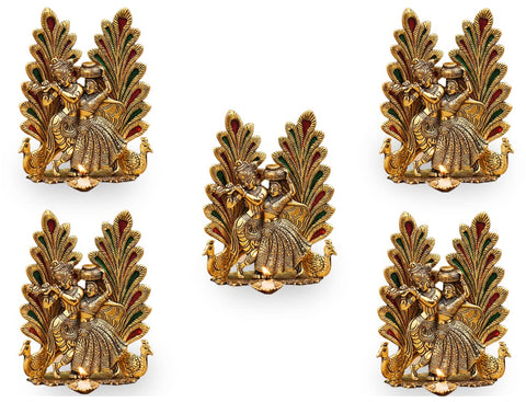 Radha Krishna Idol Showpiece with Diya  Golden Metal (Janmashtami Special)