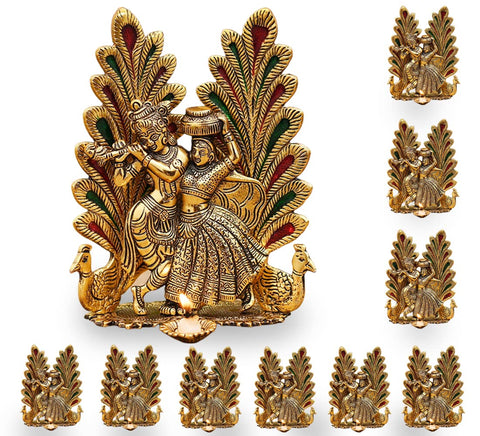Radha Krishna Idol Showpiece with Diya  Golden Metal (Janmashtami Special)