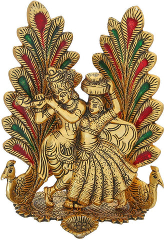 Radha Krishna Idol Showpiece with Diya  Golden Metal (Janmashtami Special)