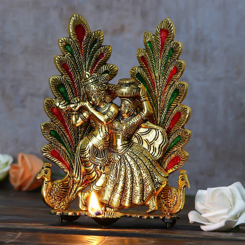 Radha Krishna Idol Showpiece with Diya  Golden Metal (Janmashtami Special)