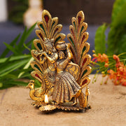 Radha Krishna Idol Showpiece with Diya  Golden Metal (Janmashtami Special)