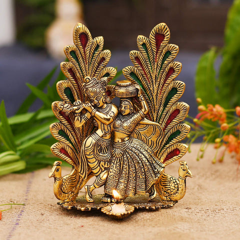 Radha Krishna Idol Showpiece with Diya  Golden Metal (Janmashtami Special)